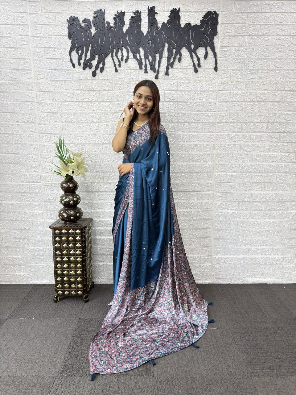 Front View of Premium Real Mirror Work Semi Gajji Silk Saree for Women in Steel Blue Color