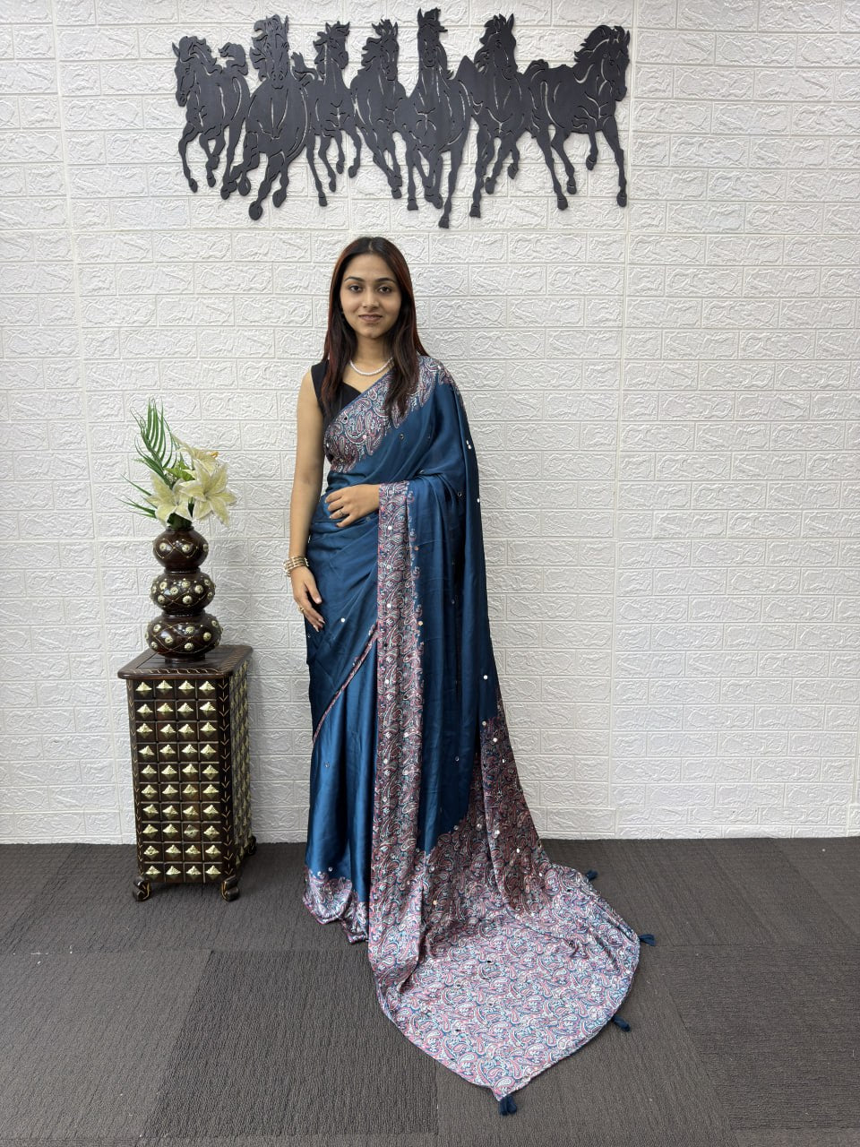 Premium Real Mirror Work Semi Gajji Silk Saree for Women in Steel Blue Color – Party Wear, Wedding & Festival Saree