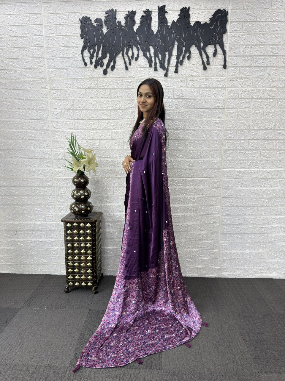 Side View of Premium Real Mirror Work Semi Gajji Silk Saree for Women in Purpal Color