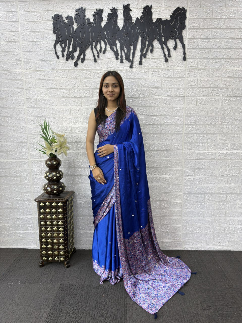 Premium Real Mirror Work Semi Gajji Silk Saree for Women in Royal Blue Color – Party Wear, Wedding & Festival Saree