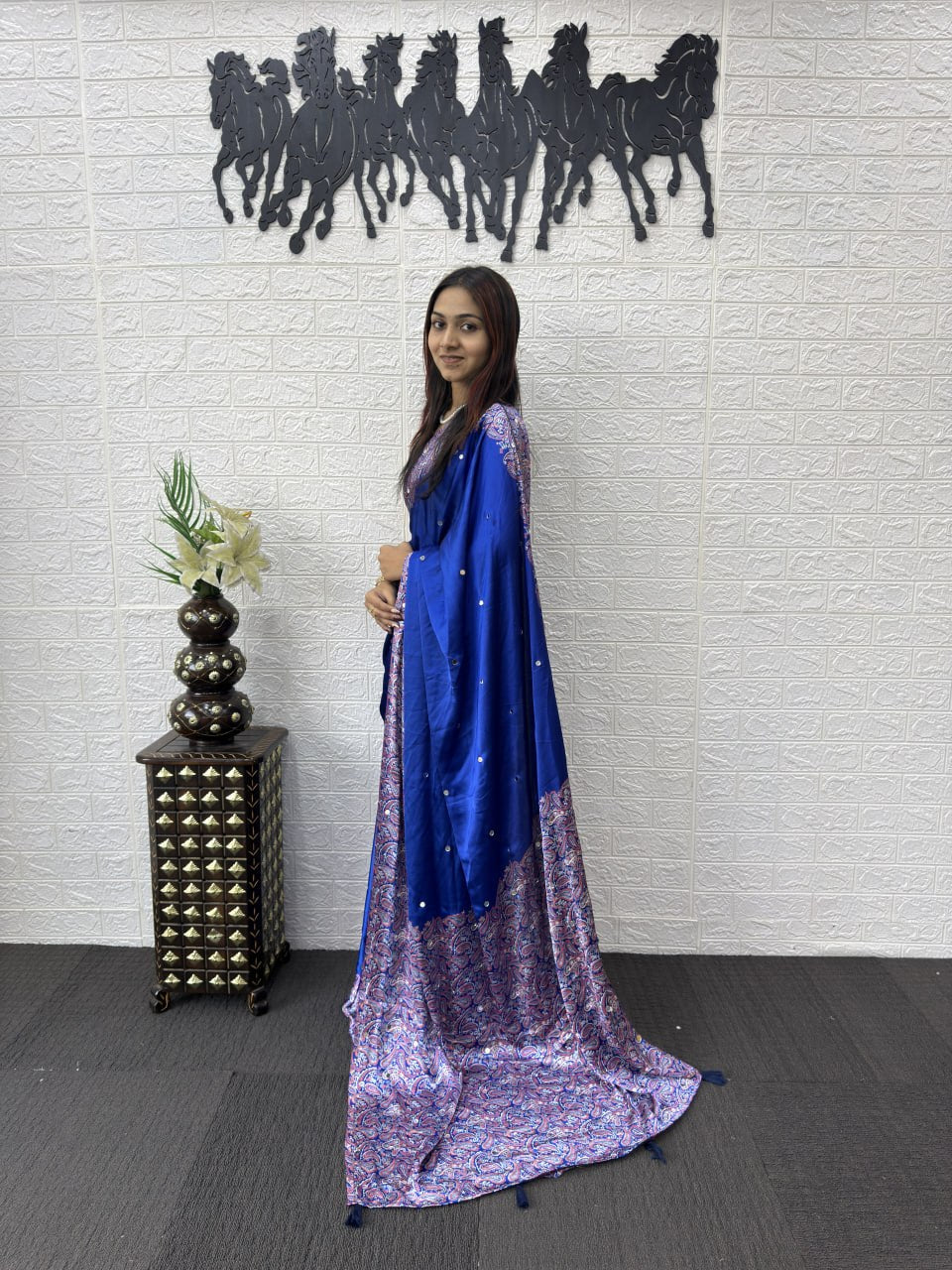 Side View of Premium Real Mirror Work Semi Gajji Silk Saree for Women in Royal Blue Color