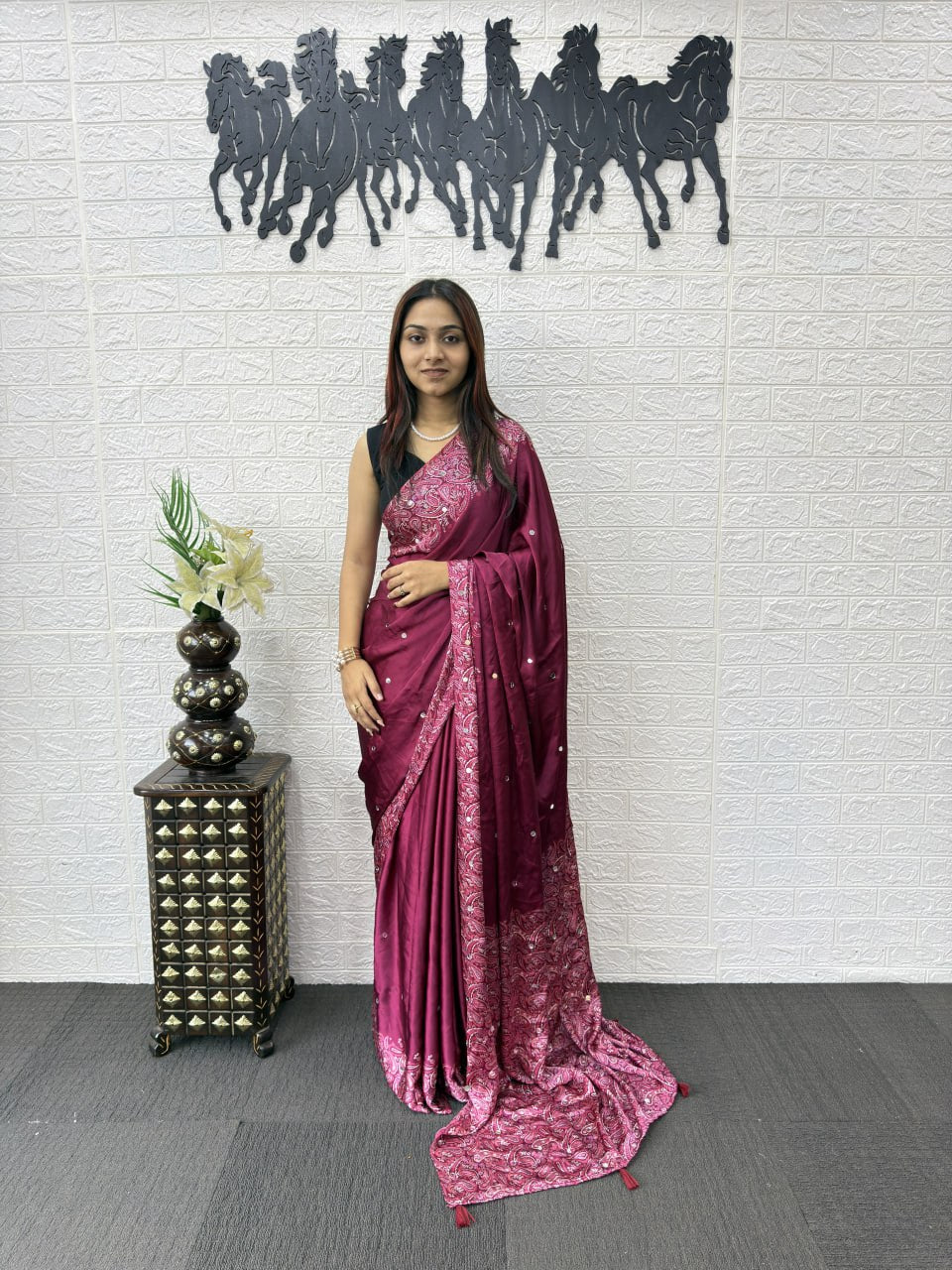 Premium Real Mirror Semi Gajji Silk Saree for Women in Wine  Color – Party Wear, Wedding & Festival Saree