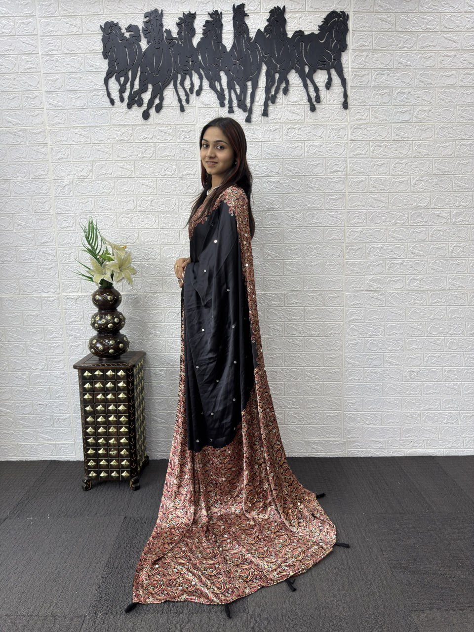 Side View of Premium Real Mirror Work Semi Gajji Silk Saree for Women in Black Color
