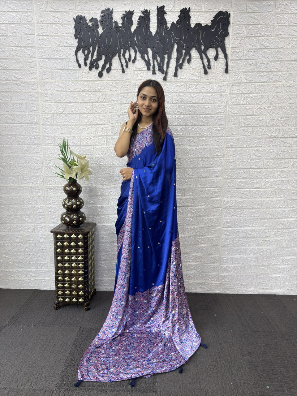 Front View of Premium Real Mirror Work Semi Gajji Silk Saree for Women in Royal Blue Color