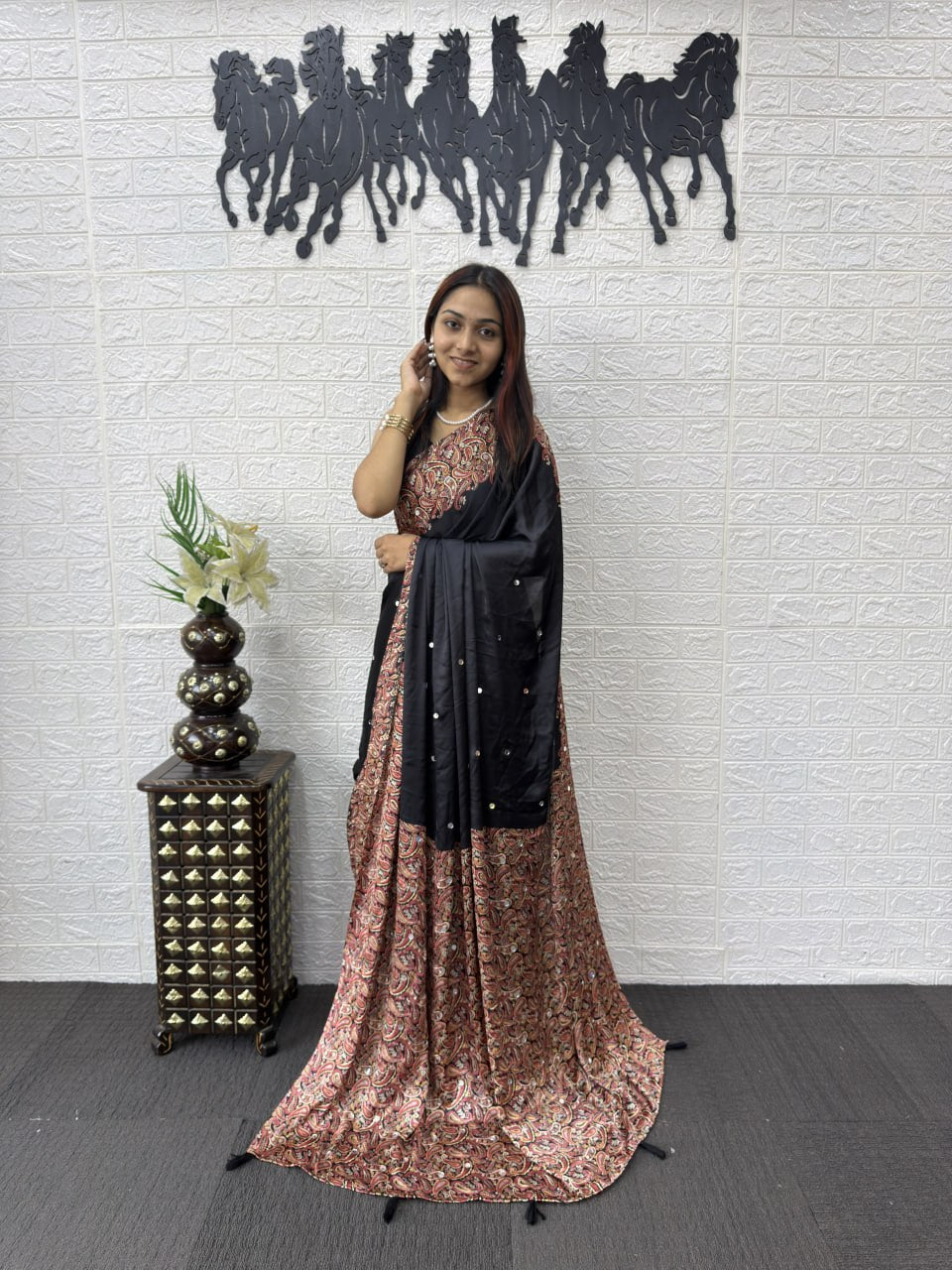 Front View of Premium Real Mirror Work Semi Gajji Silk Saree for Women in Black Color