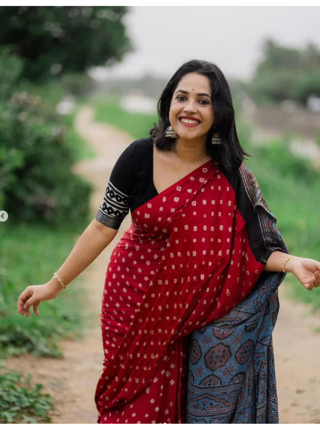 Red Ajrakh Print Designer Saree with Blouse Piece  Wedding & Festival Wear