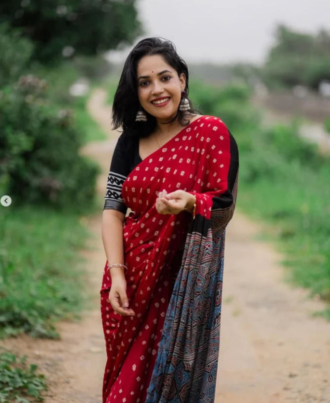 Red Ajrakh Print Designer Saree with Blouse Piece  Wedding & Festival Wear