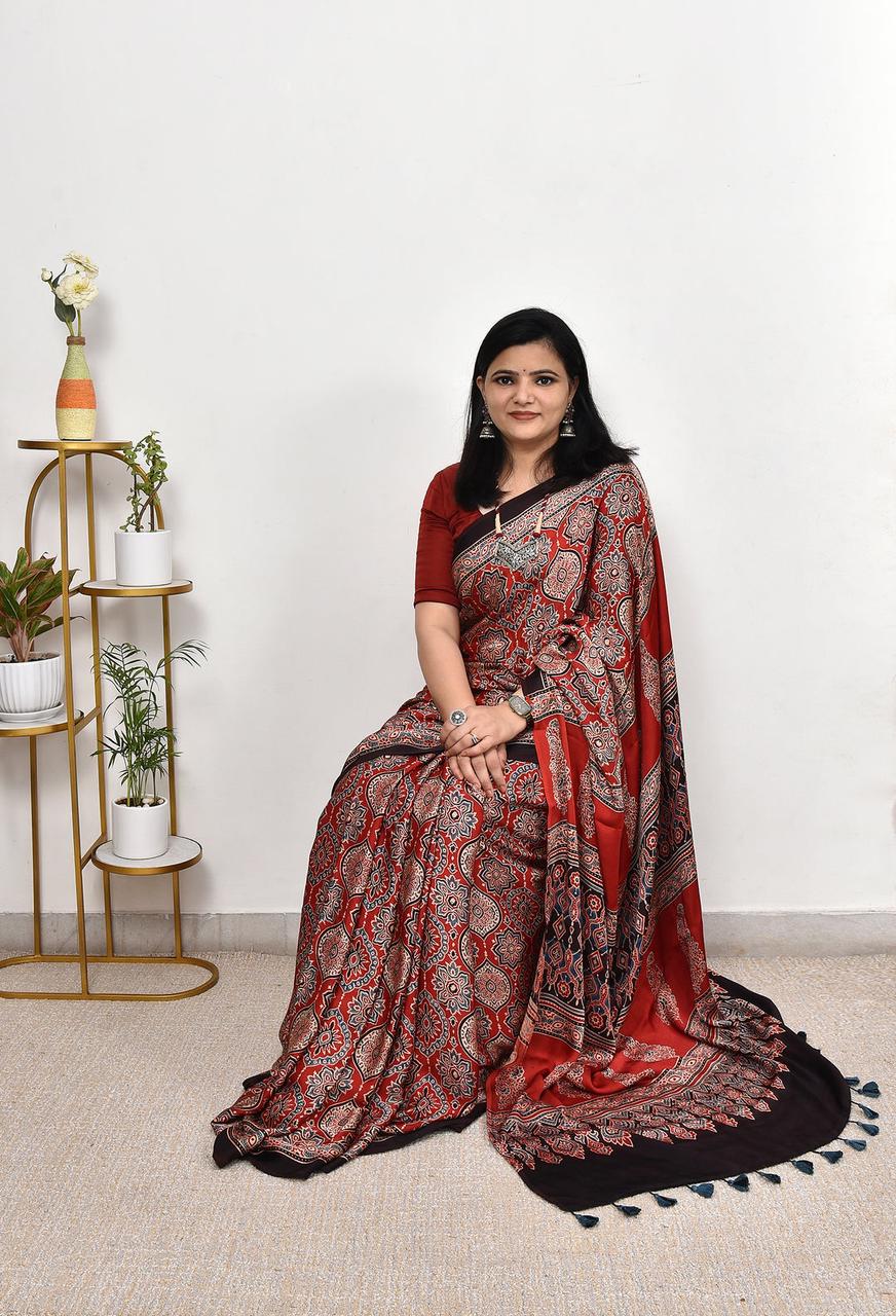 Ajrakh Printed Red & Black Saree | Traditional Ethnic Wear for Women