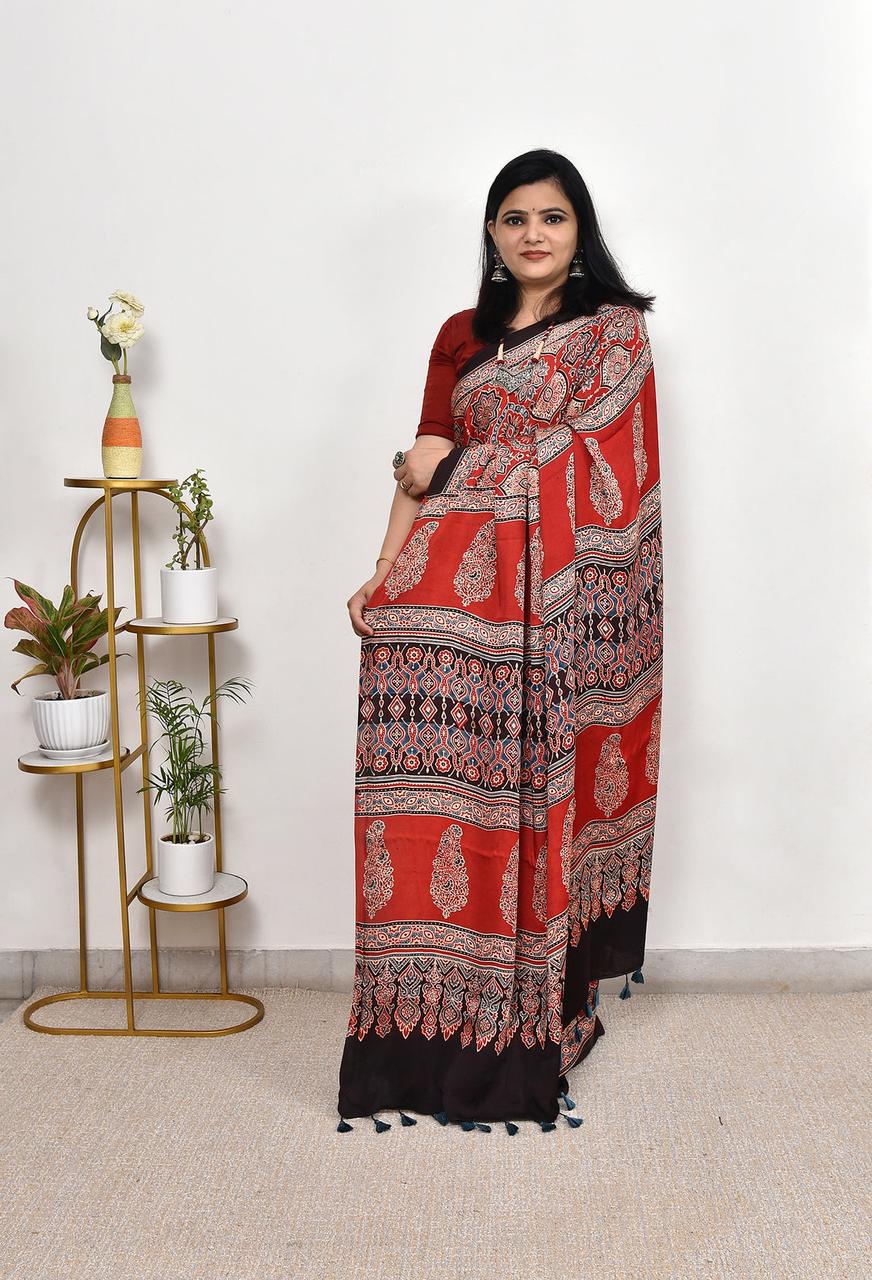 Ajrakh Printed Red & Black Saree | Traditional Ethnic Wear for Women