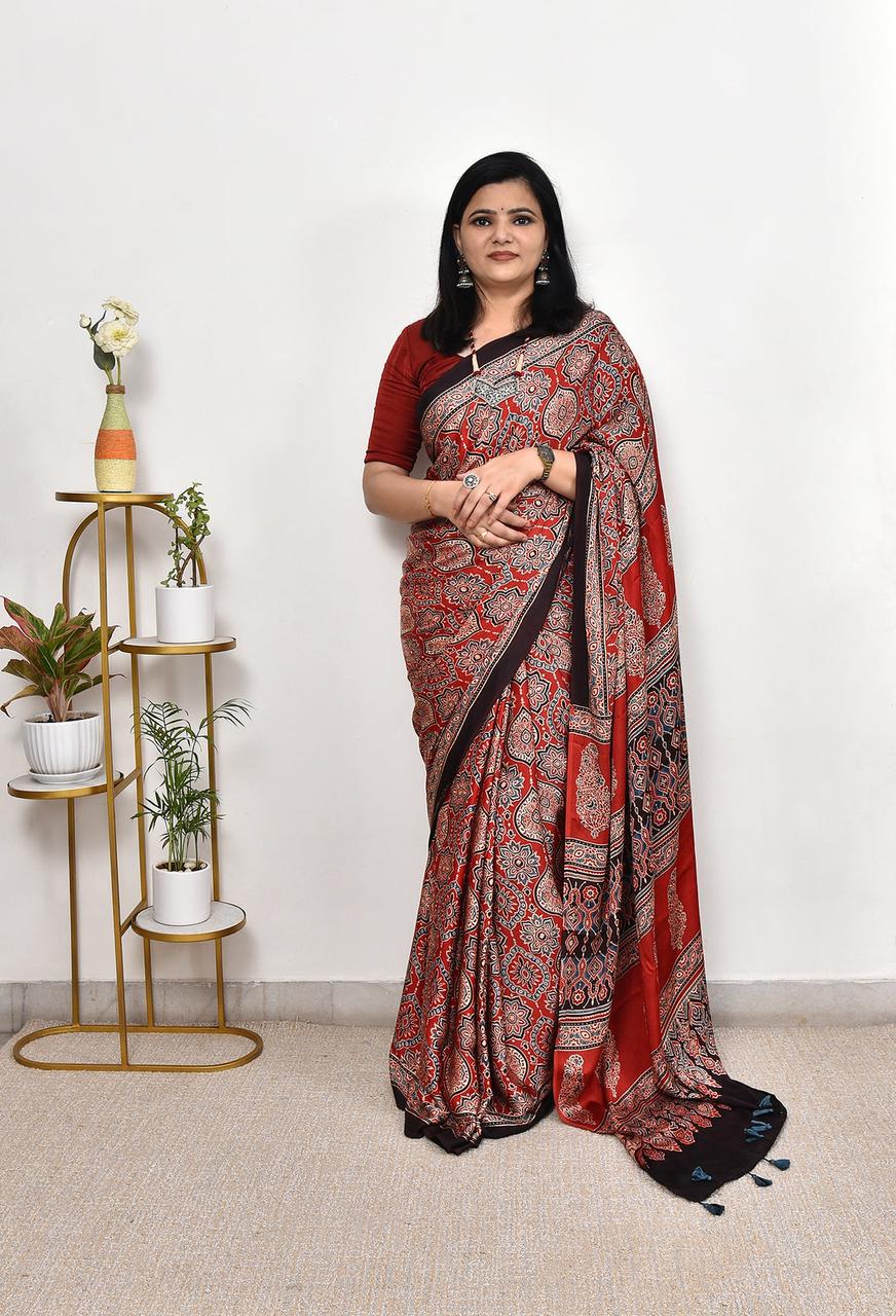 Ajrakh Printed Red & Black Saree | Traditional Ethnic Wear for Women