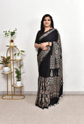 Classic Black Ajrakh Border Saree in Japan Satin Fabric | Elegant Soft Satin Designer Saree | Festive & Office Wear