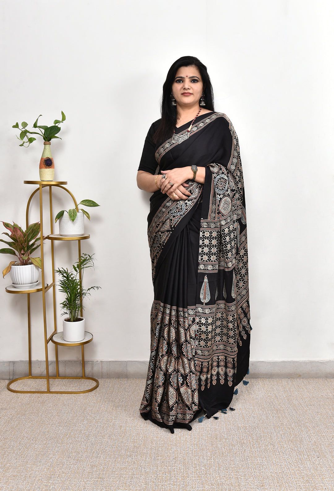 Classic Black Ajrakh Border Saree in Japan Satin Fabric | Elegant Soft Satin Designer Saree | Festive & Office Wear
