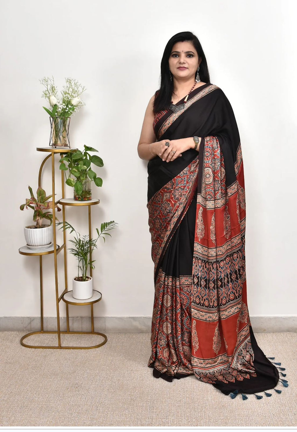 Royal Black Ajrakh Modal Silk Saree for Festive & Party Wear