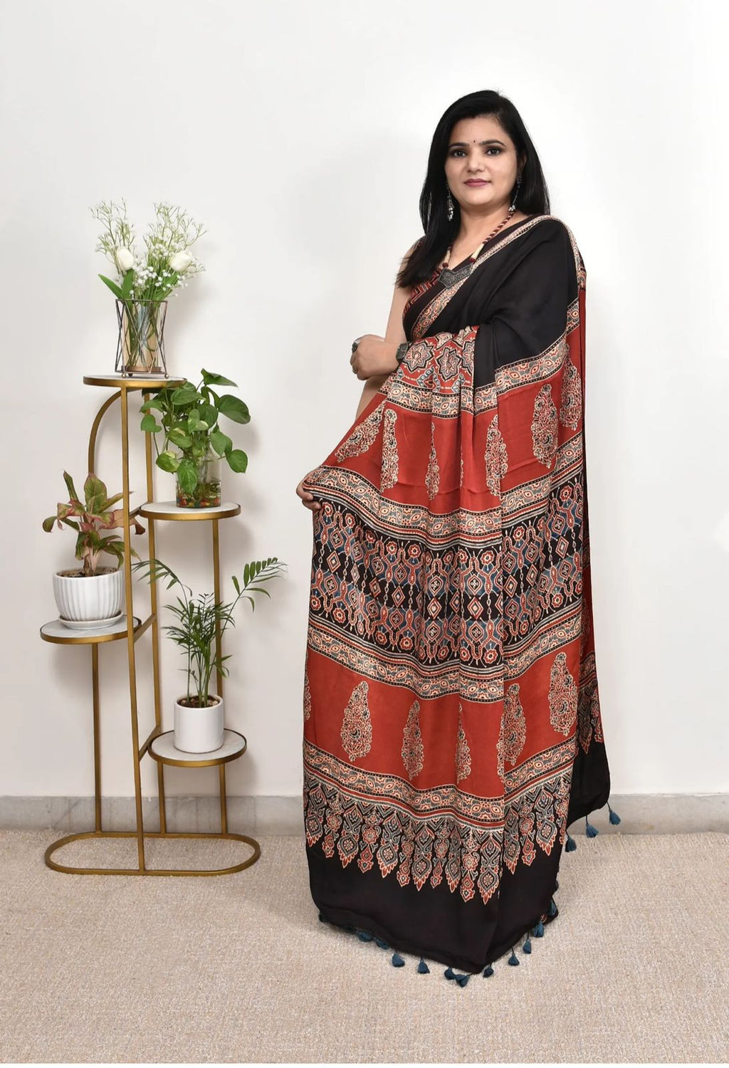 Royal Black Ajrakh Modal Silk Saree for Festive & Party Wear