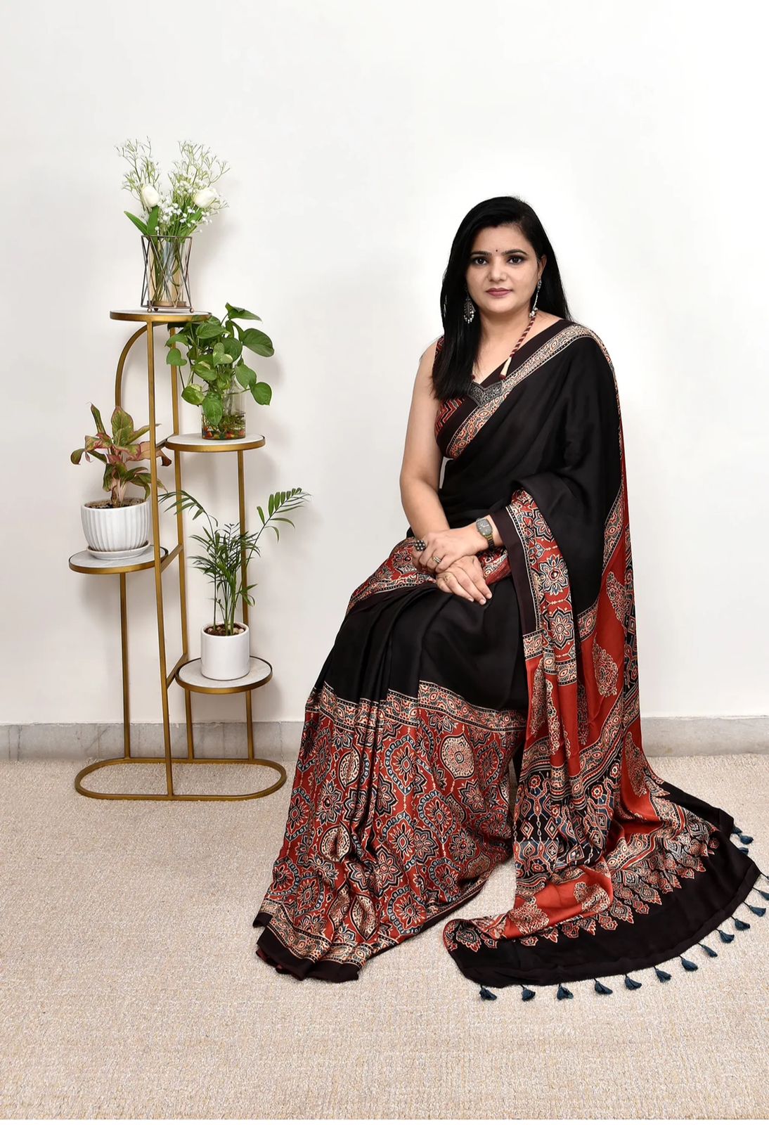 Royal Black Ajrakh Modal Silk Saree for Festive & Party Wear