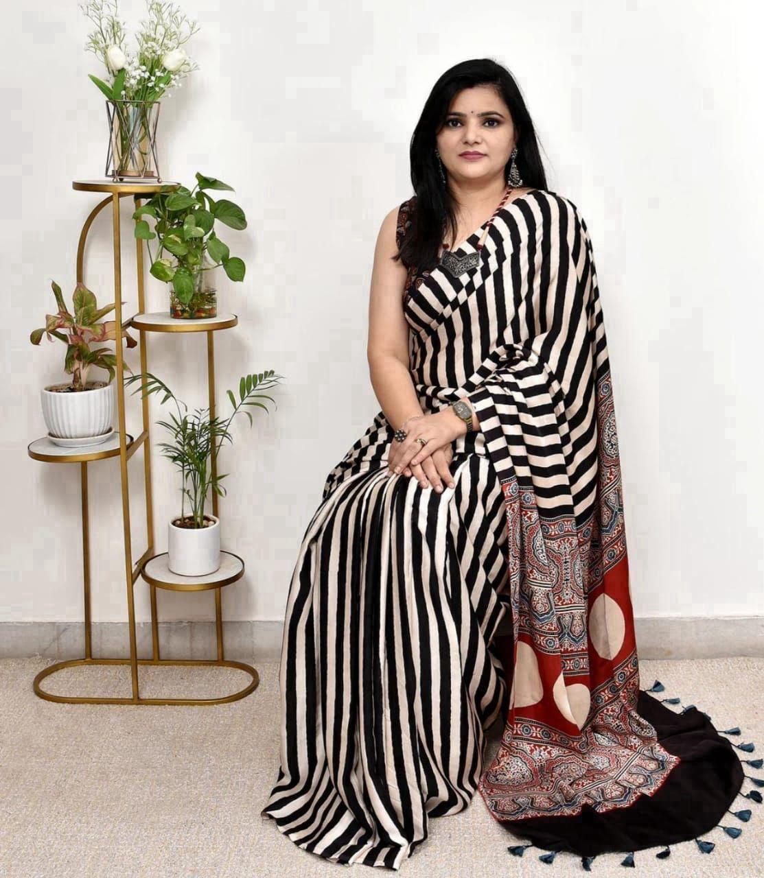 Black and Cream Striped Saree with Heavy Printed Red Pallu and Pom-Poms | Regular & Festival Wear