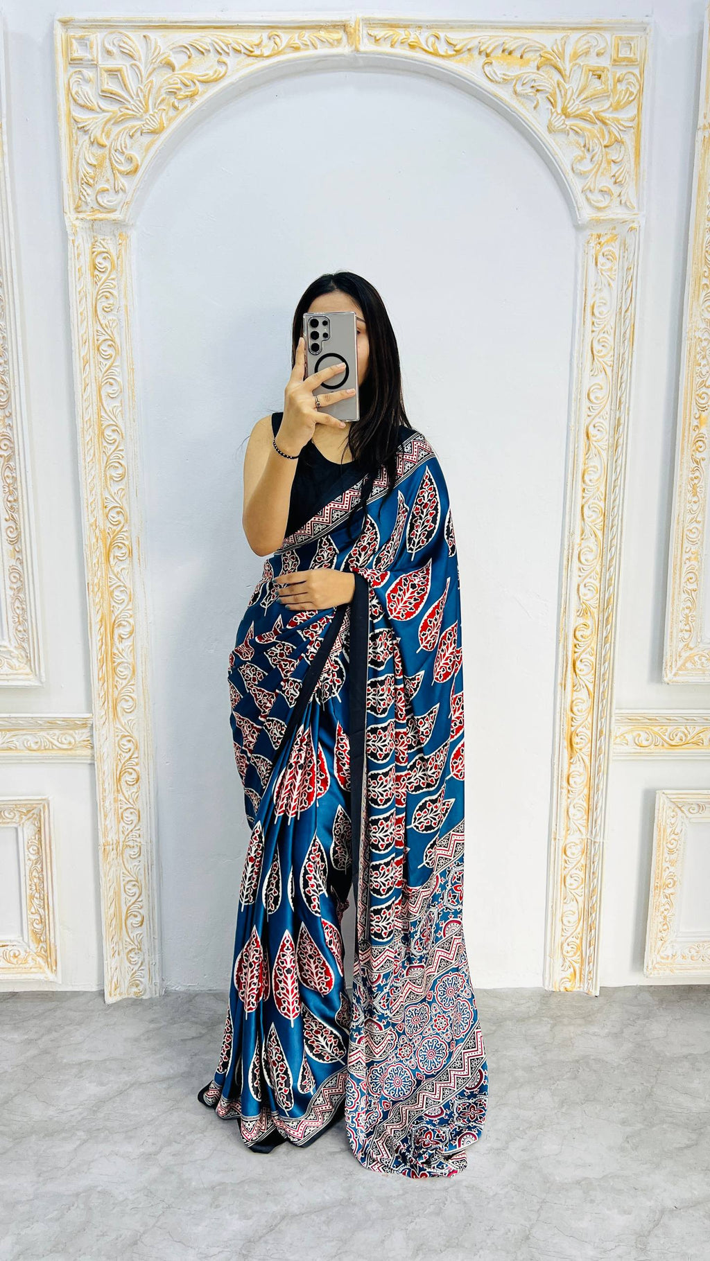 Royal Blue Ajrakh Mill Printed Modal silk Saree with Rich Pallu