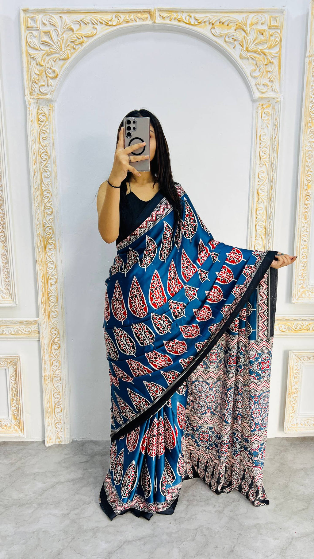 Royal Blue Ajrakh Mill Printed Modal silk Saree with Rich Pallu