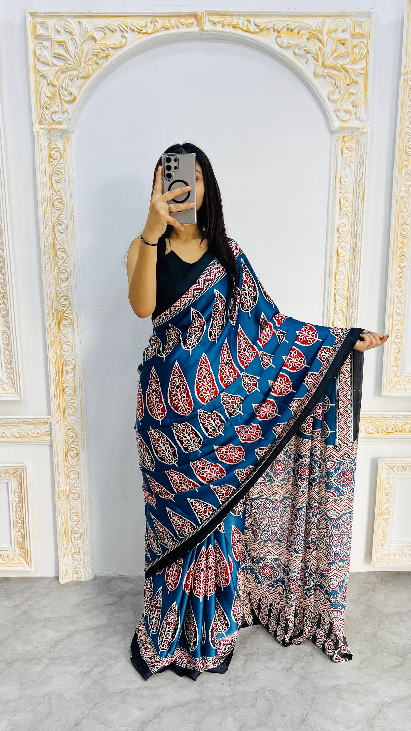 Royal Blue Ajrakh Mill Printed Modal silk Saree with Rich Pallu
