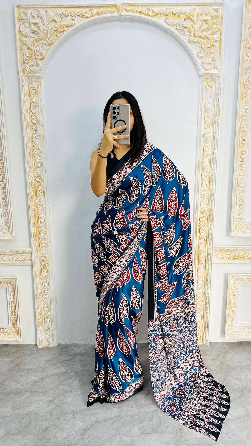Royal Blue Ajrakh Mill Printed Modal silk Saree with Rich Pallu