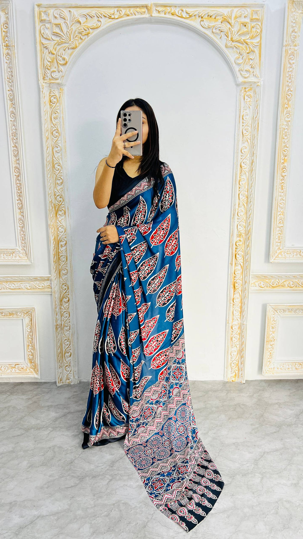 Royal Blue Ajrakh Mill Printed Modal silk Saree with Rich Pallu