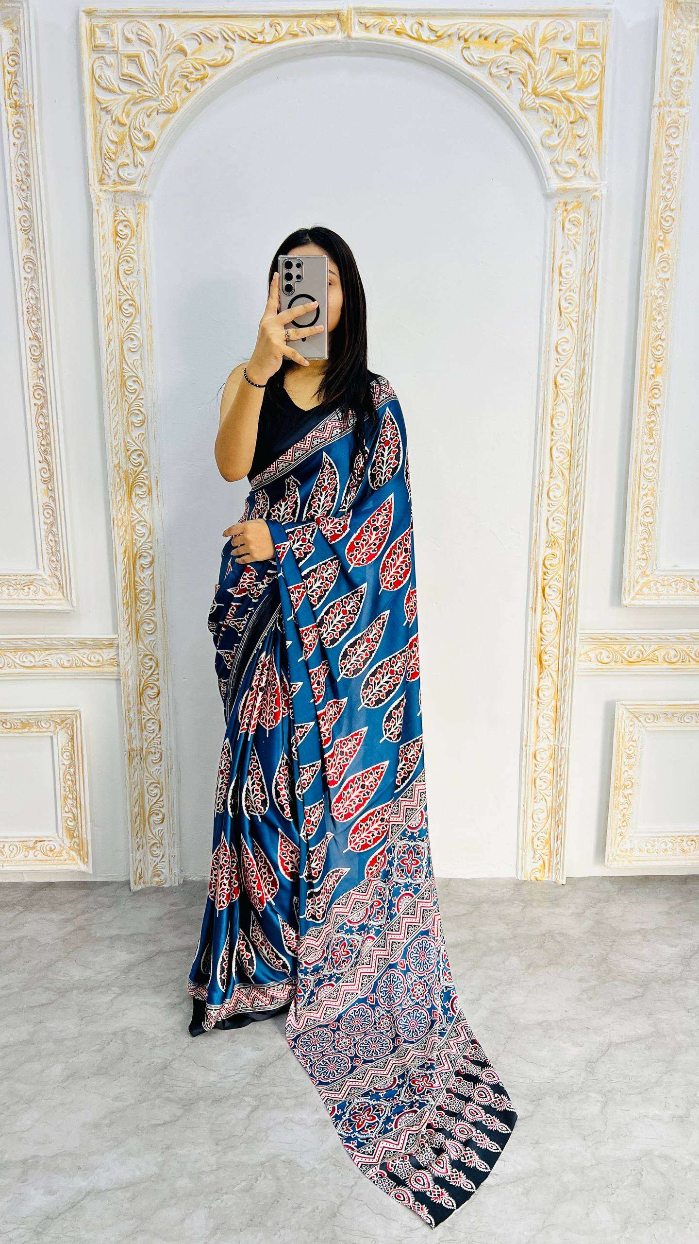 Royal Blue Ajrakh Mill Printed Modal silk Saree with Rich Pallu