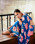 Luxury Japan Satin Blue Saree with Pink Floral Print – Perfect for Weddings & Celebrations