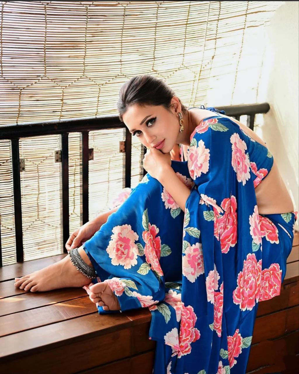 Luxury Japan Satin Blue Saree with Pink Floral Print – Perfect for Weddings & Celebrations