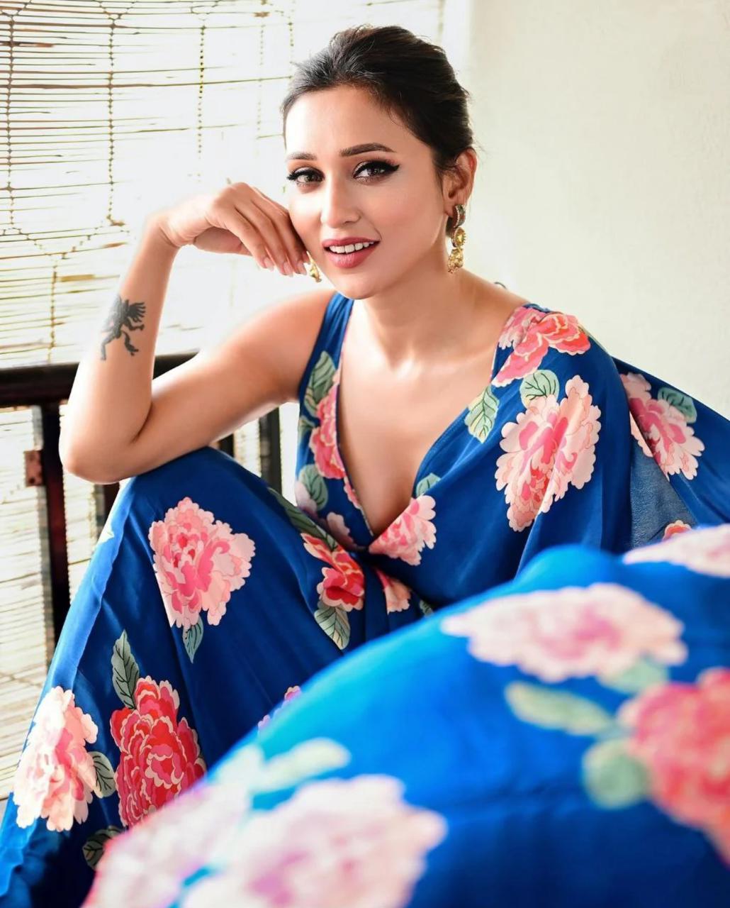 Luxury Japan Satin Blue Saree with Pink Floral Print – Perfect for Weddings & Celebrations
