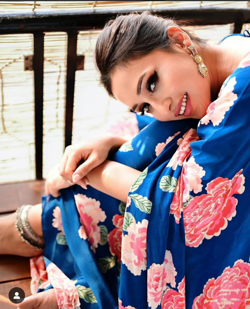 Luxury Japan Satin Blue Saree with Pink Floral Print – Perfect for Weddings & Celebrations