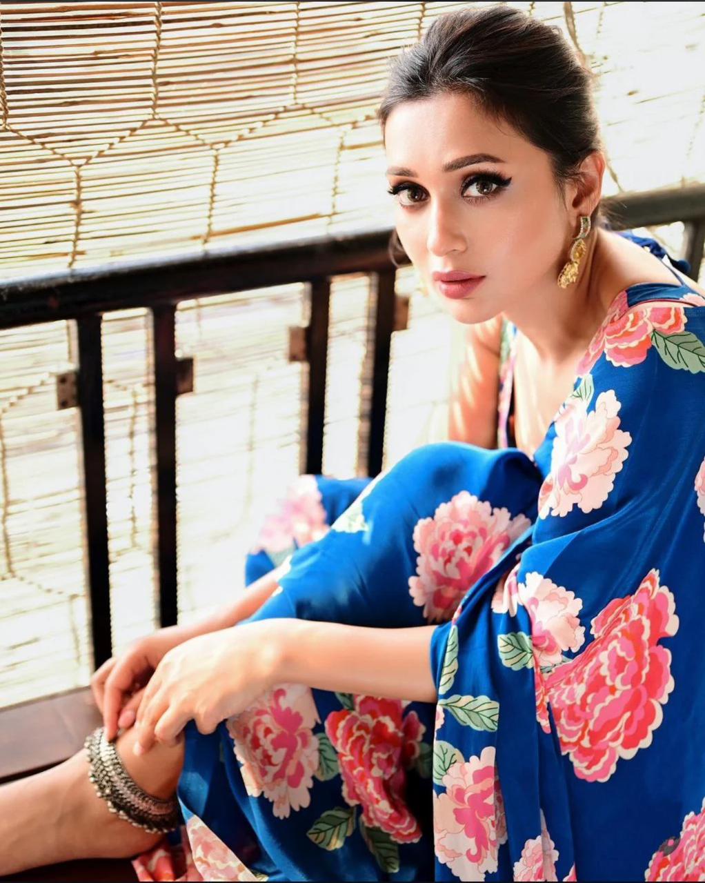 Luxury Japan Satin Blue Saree with Pink Floral Print – Perfect for Weddings & Celebrations