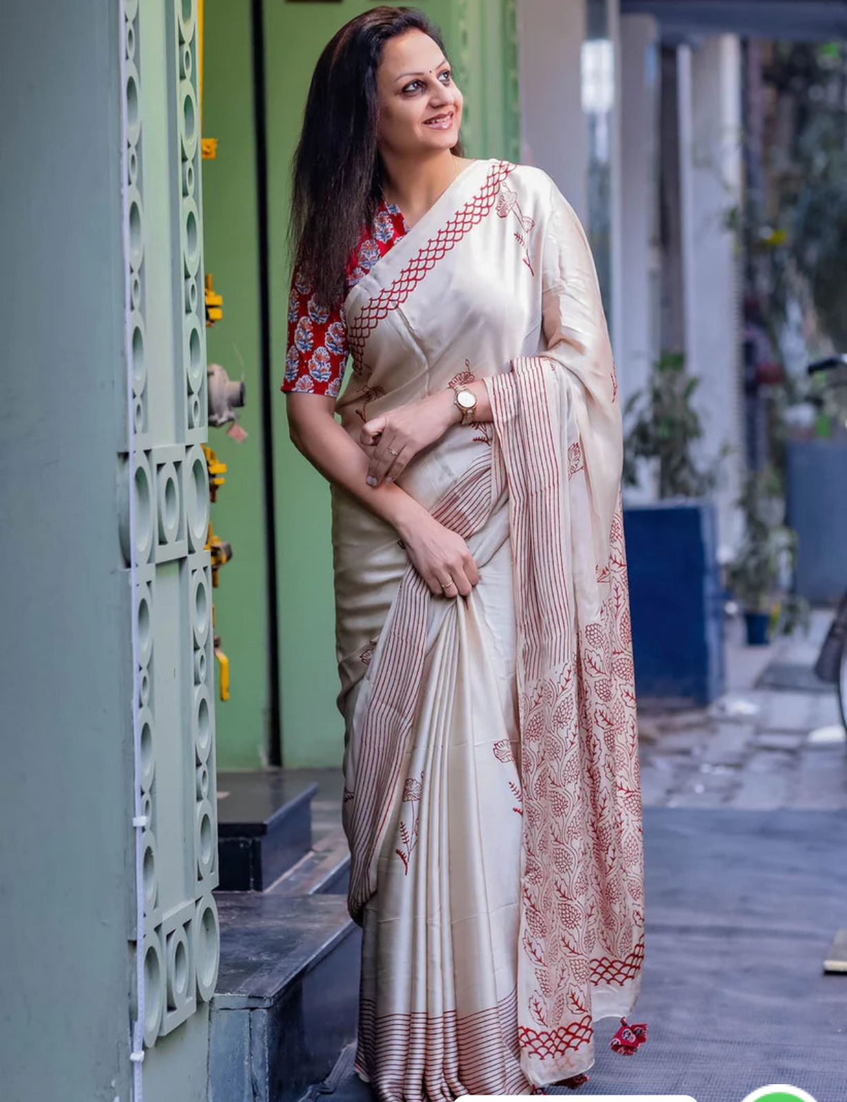 Cream Japan Satin Printed Saree With Red Designer Work - Party & Wedding & Festival Wear