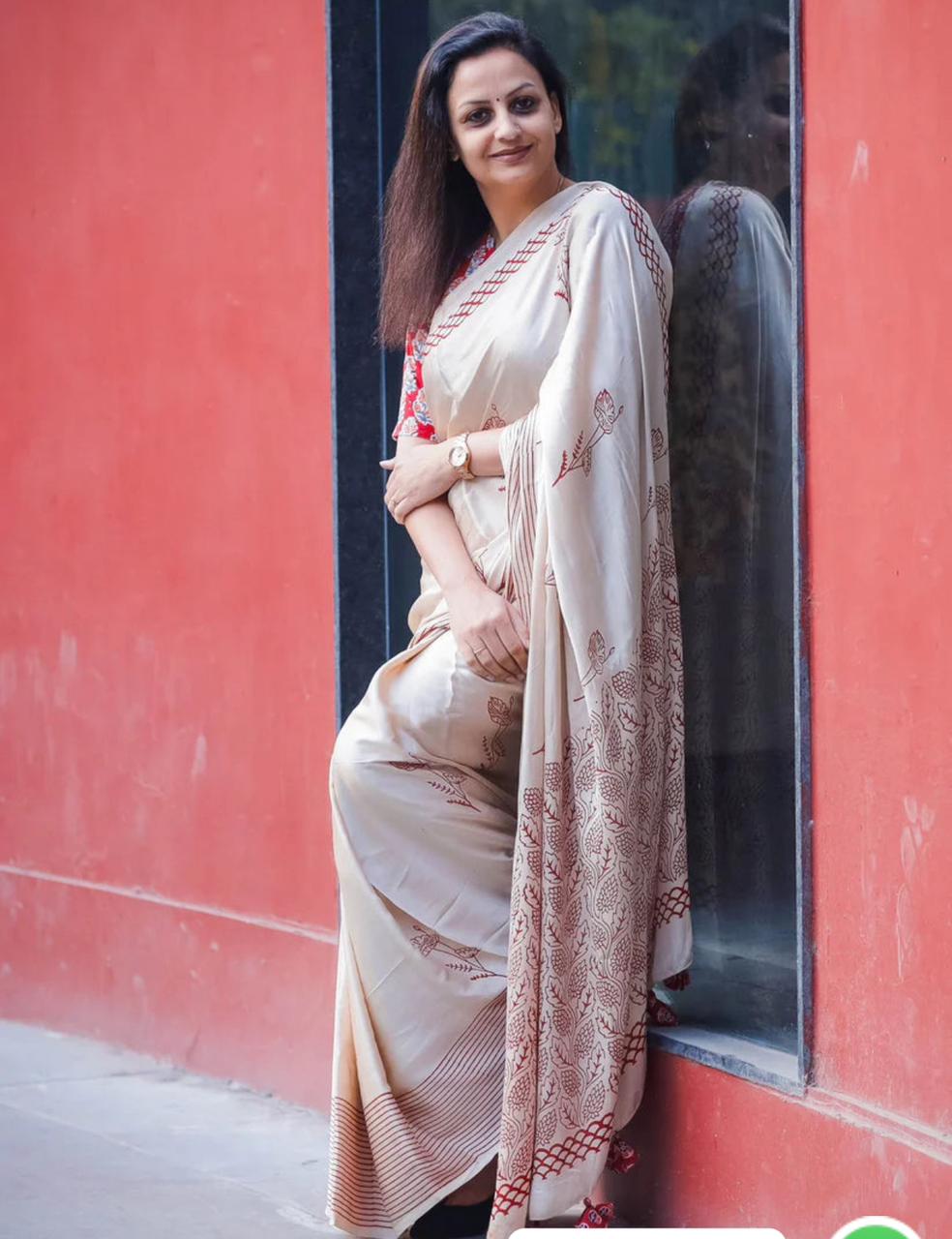 Cream Japan Satin Printed Saree With Red Designer Work - Party & Wedding & Festival Wear