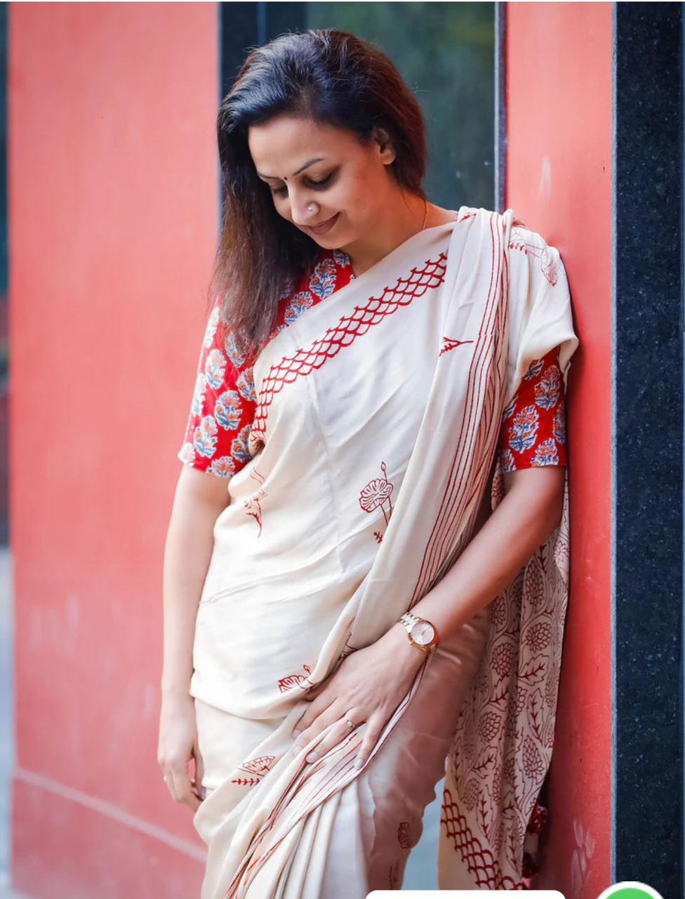 Cream Japan Satin Printed Saree With Red Designer Work - Party & Wedding & Festival Wear