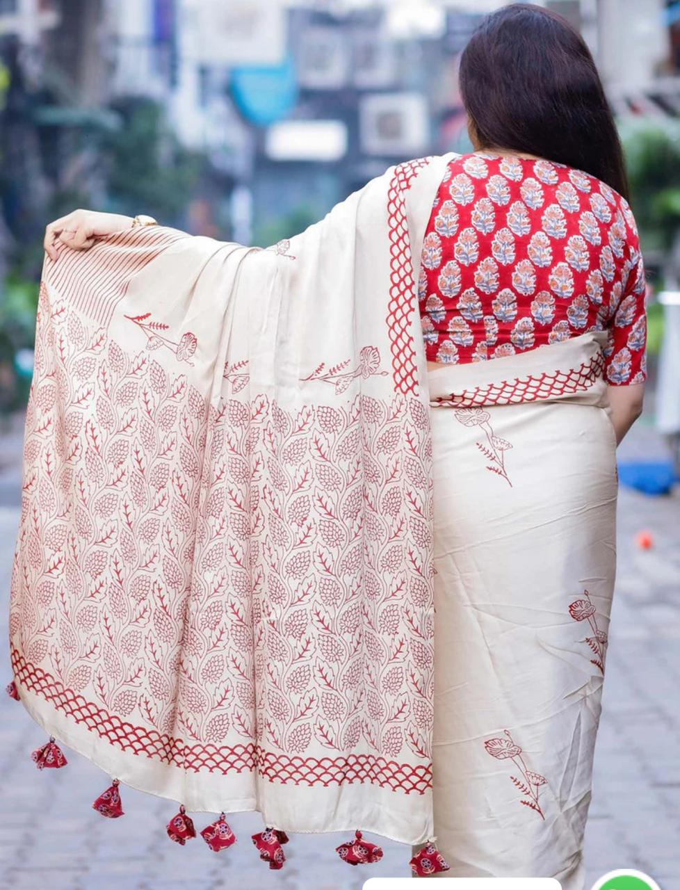 Cream Japan Satin Printed Saree With Red Designer Work - Party & Wedding & Festival Wear