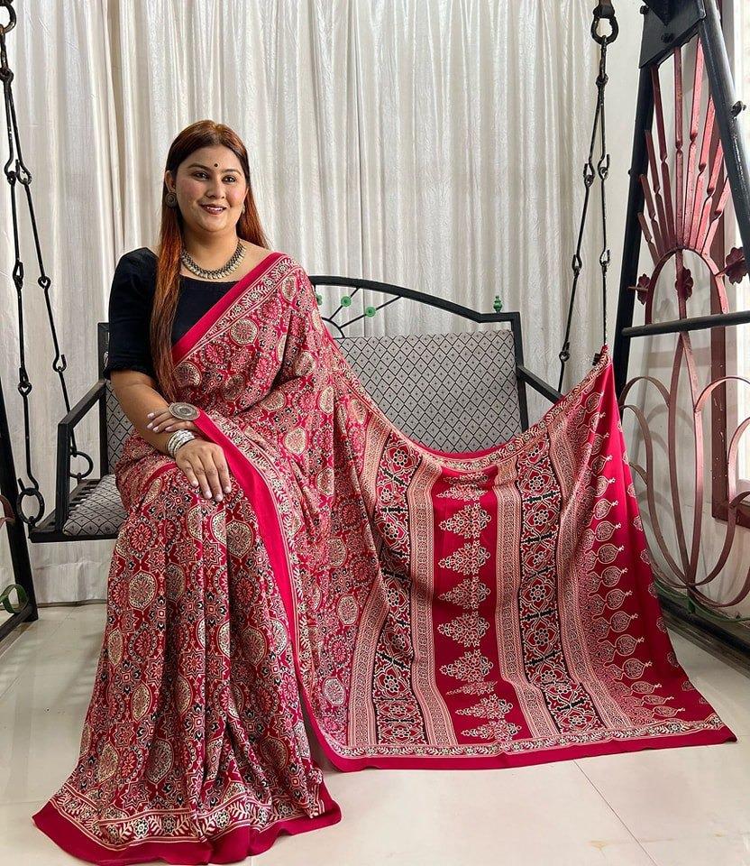 Premium Japan Satin Fabric Saree – Multicolor Print | Wedding & Festival Special