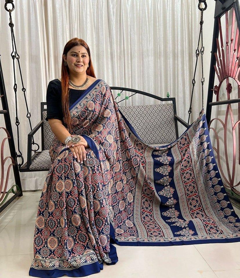 Premium Japan Satin Fabric Saree – Multicolor Print | Wedding & Festival Special