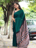 Teal Green Soft Silk Saree featuring Traditional Kalamkari Block Prints | Weeding & Party Saree