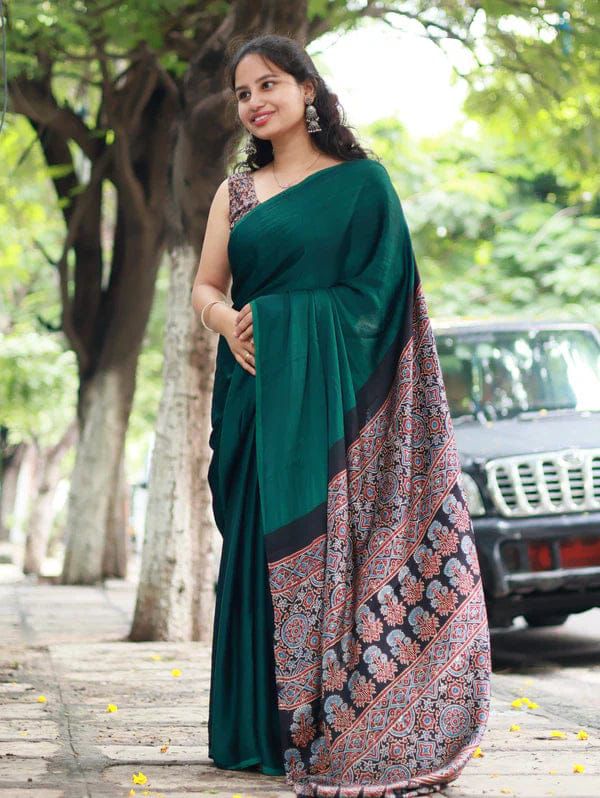 Teal Green Soft Silk Saree featuring Traditional Kalamkari Block Prints | Weeding & Party Saree