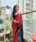 Red & Black Japan Satin Saree With Designer Printed Work - Festival & Party Wear
