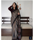 Black and Beige Ajrakh Saree with Striped Pattern & Floral Border | Festival & Weeding Wear