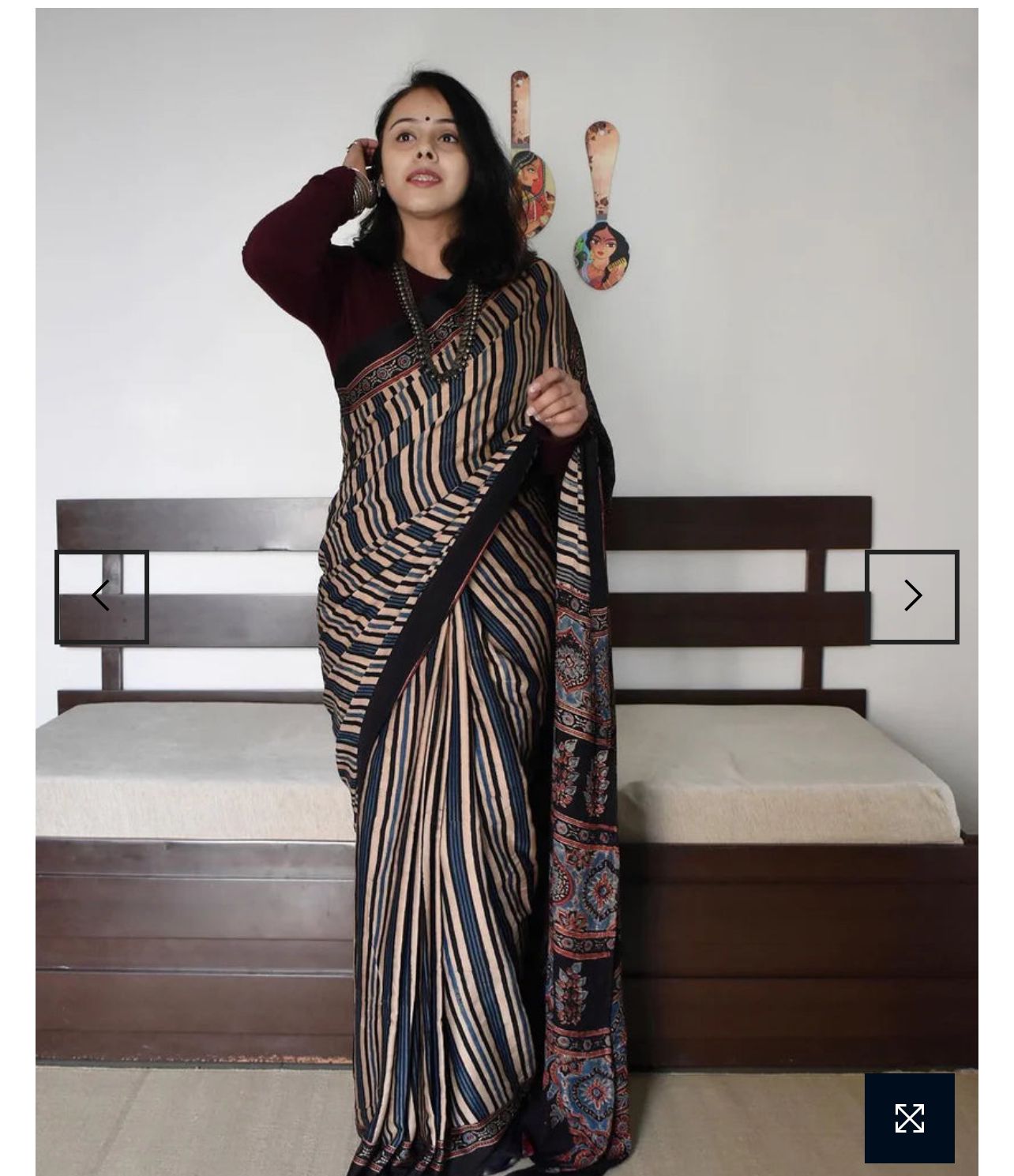 Black and Beige Ajrakh Saree with Striped Pattern & Floral Border | Festival & Weeding Wear
