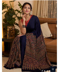 Navy Blue Ajrakh Print Saree with Intricate Traditional Block Design | Festival & Party Wear