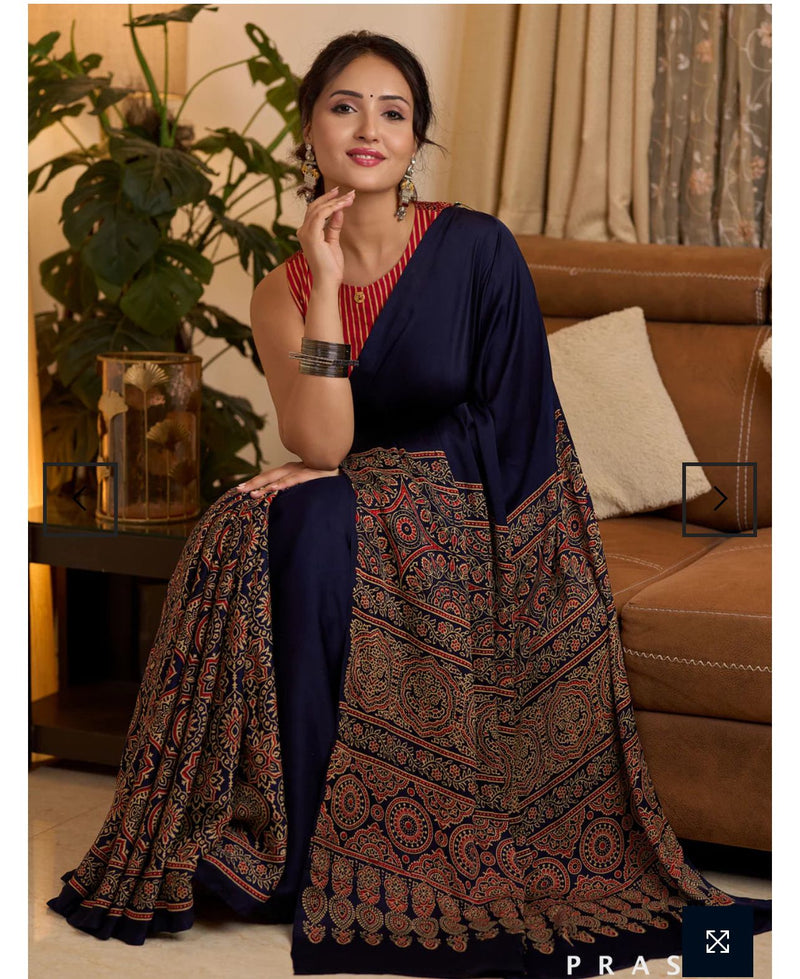 Timeless Royal Indigo Ajrakh Style Saree