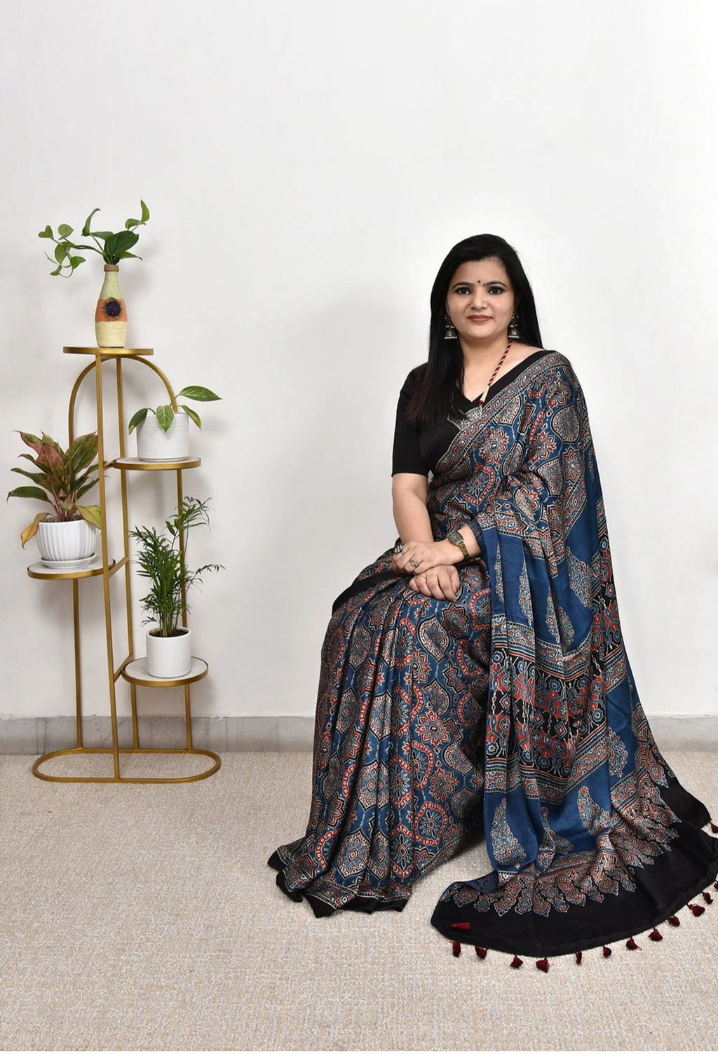 Trendy Blue Ajrakh Printed Saree | Office, Casual & Festive Wear