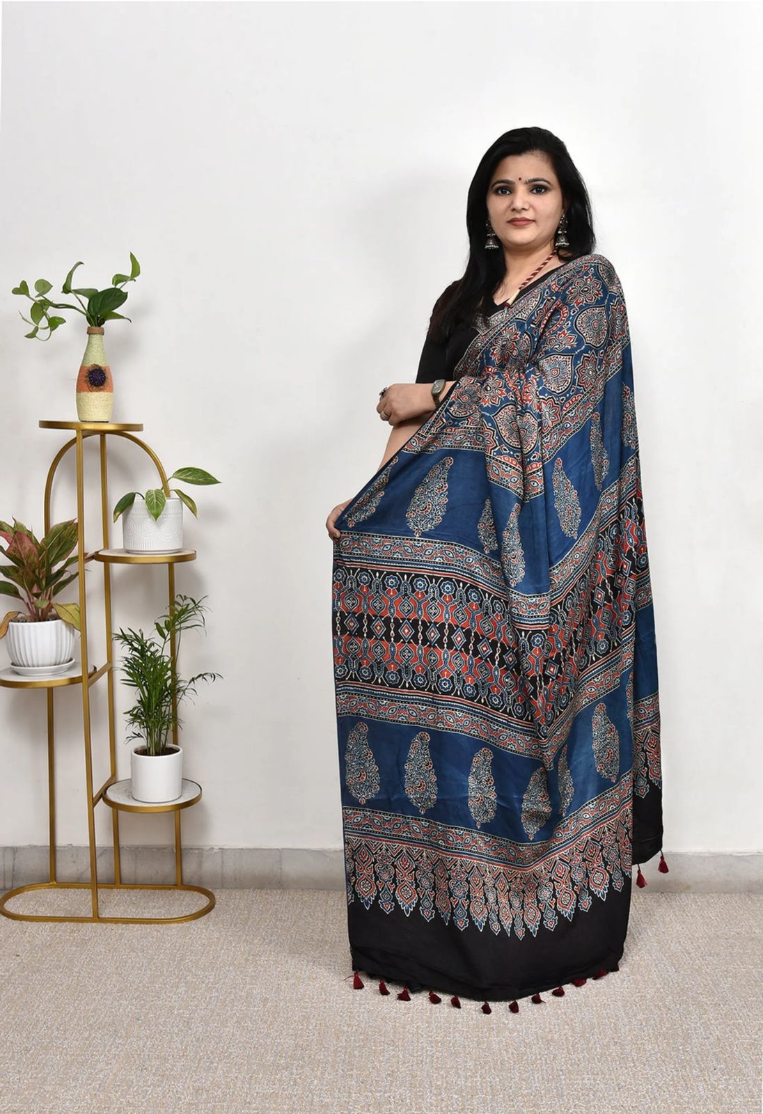 Trendy Blue Ajrakh Printed Saree | Office, Casual & Festive Wear