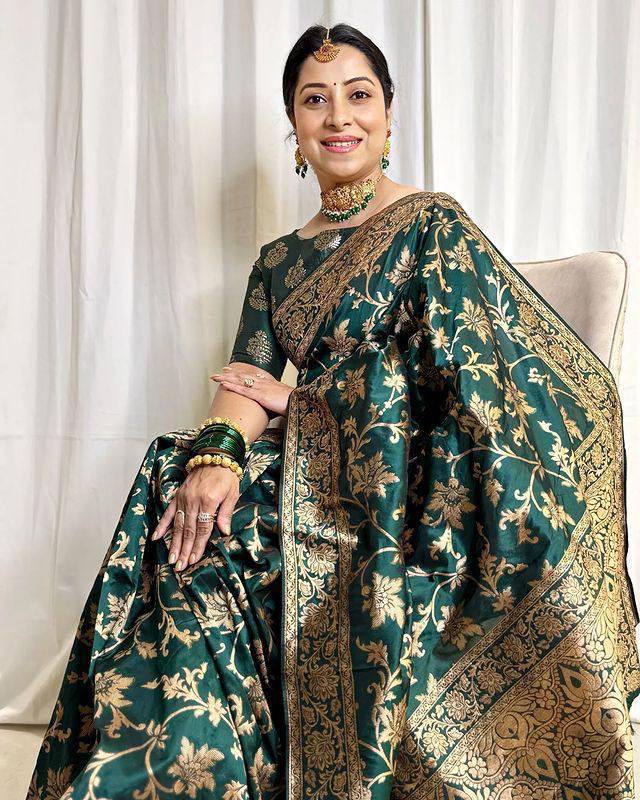 Bottle Green Banarasi Silk Saree with Gold Zari Floral Jaal Work | For Party Wear