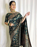 Bottle Green Banarasi Silk Saree with Gold Zari Floral Jaal Work | For Party Wear