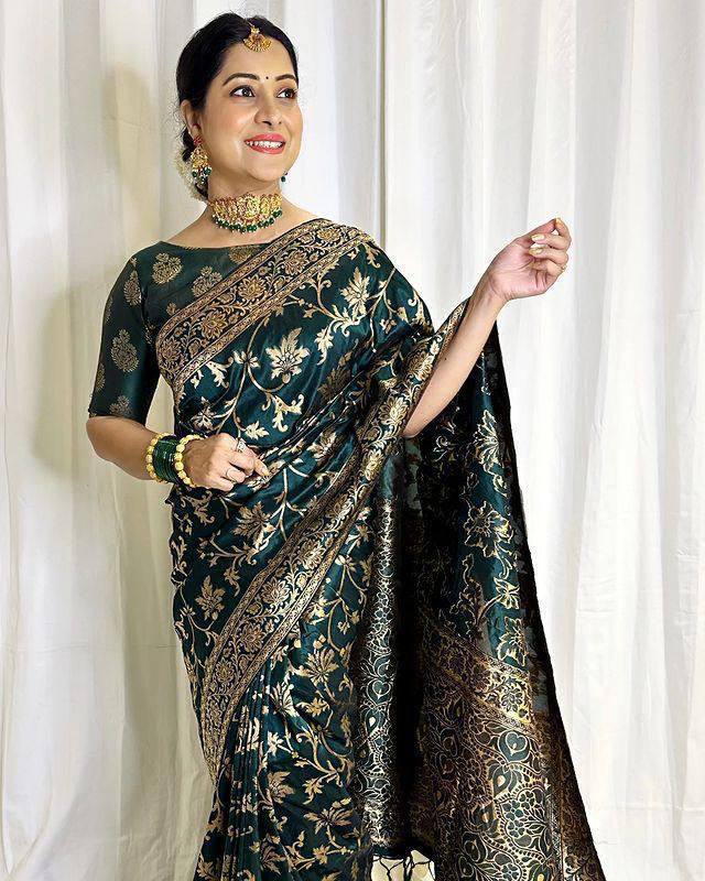 Bottle Green Banarasi Silk Saree with Gold Zari Floral Jaal Work | For Party Wear