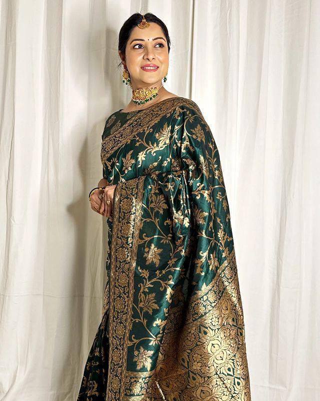 Bottle Green Banarasi Silk Saree with Gold Zari Floral Jaal Work | For Party Wear